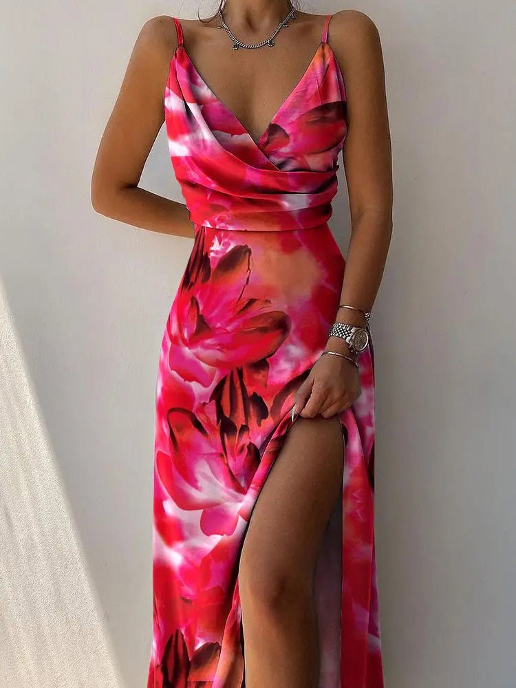 Dresses Printed Sling V-Neck Slit Dress - LuckyFash™