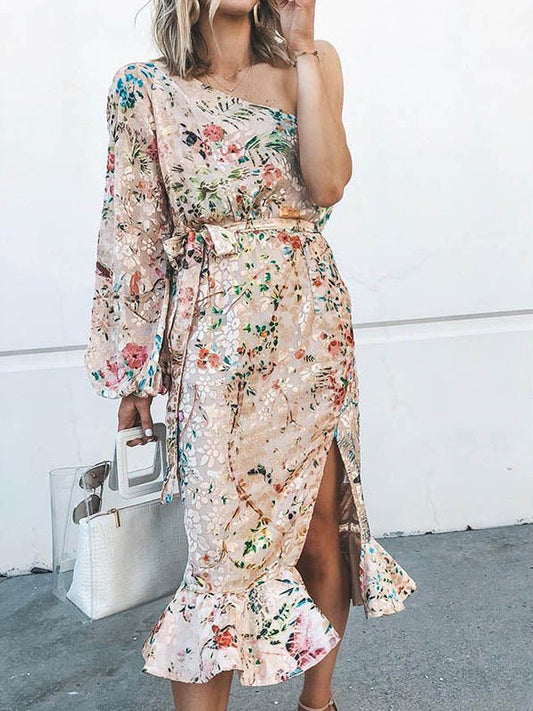 Dresses Printed Sloping Shoulder Slit Ruffle Dress - LuckyFash™