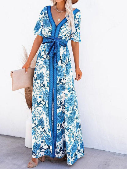 Dresses Printed V-Neck Belted Elegant Slit Dress - LuckyFash™