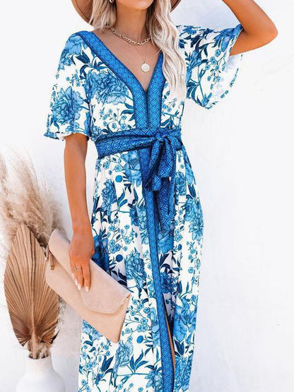 Dresses Printed V-Neck Belted Elegant Slit Dress - LuckyFash™