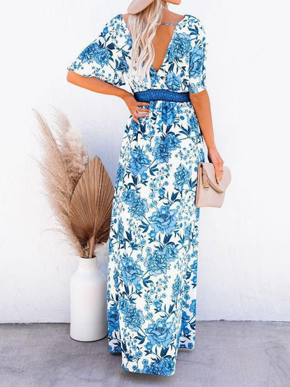 Dresses Printed V-Neck Belted Elegant Slit Dress - LuckyFash™