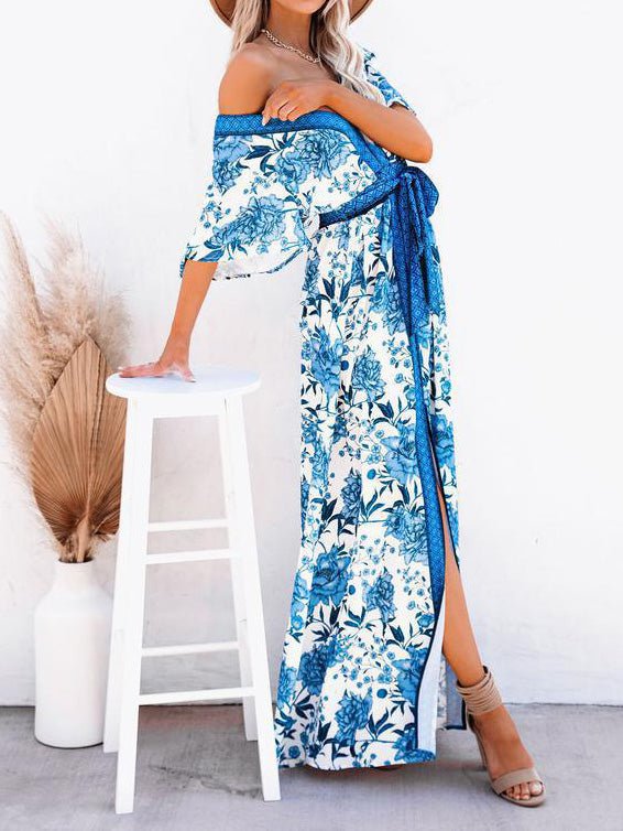 Dresses Printed V-Neck Belted Elegant Slit Dress - LuckyFash™