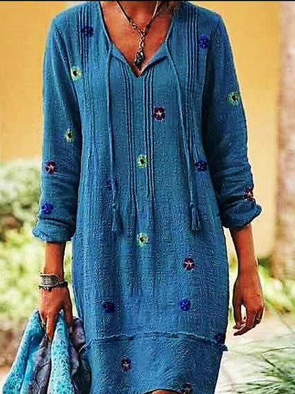 Women's Dresses Printed V-Neck Fringed Long Sleeve Dress - LuckyFash™