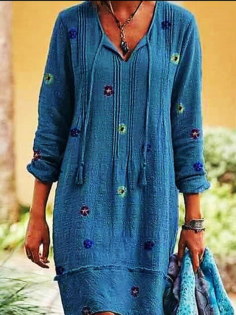 Women's Dresses Printed V-Neck Fringed Long Sleeve Dress - LuckyFash™