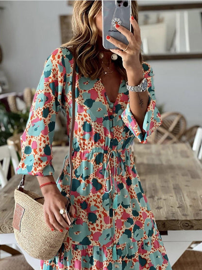 Dresses Printed V-Neck Ruffle Long Sleeve Dress - LuckyFash™