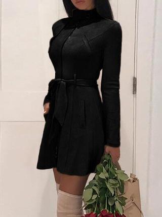 Women's Dresses Pure Belted Zip Leather Velvet Long Sleeve Dress - LuckyFash™