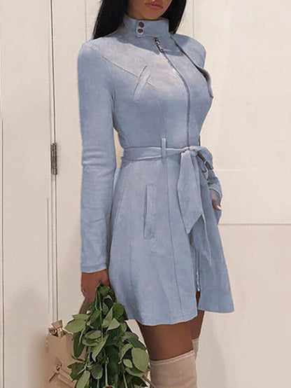 Women's Dresses Pure Belted Zip Leather Velvet Long Sleeve Dress - LuckyFash™