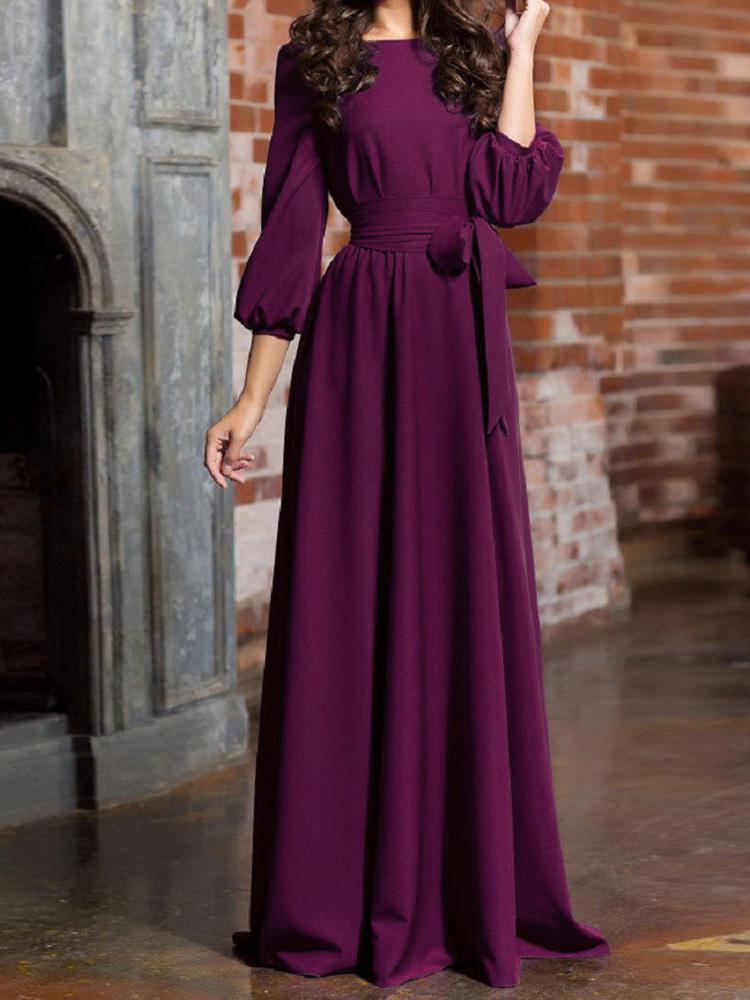 Dresses Pure Round Neck Belted Lantern Long Sleeve Dress - LuckyFash™