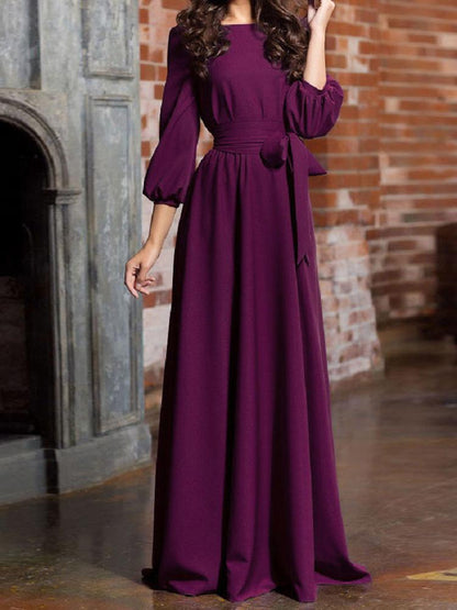 Dresses Pure Round Neck Belted Lantern Long Sleeve Dress - LuckyFash™