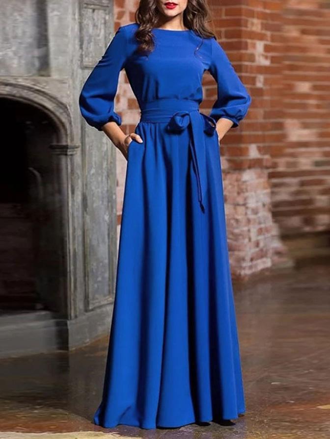 Dresses Pure Round Neck Belted Lantern Long Sleeve Dress - LuckyFash™