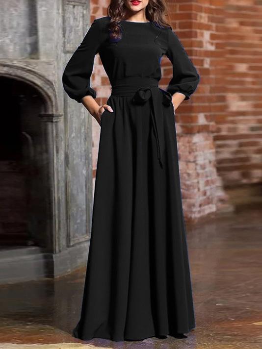 Dresses Pure Round Neck Belted Lantern Long Sleeve Dress - LuckyFash™