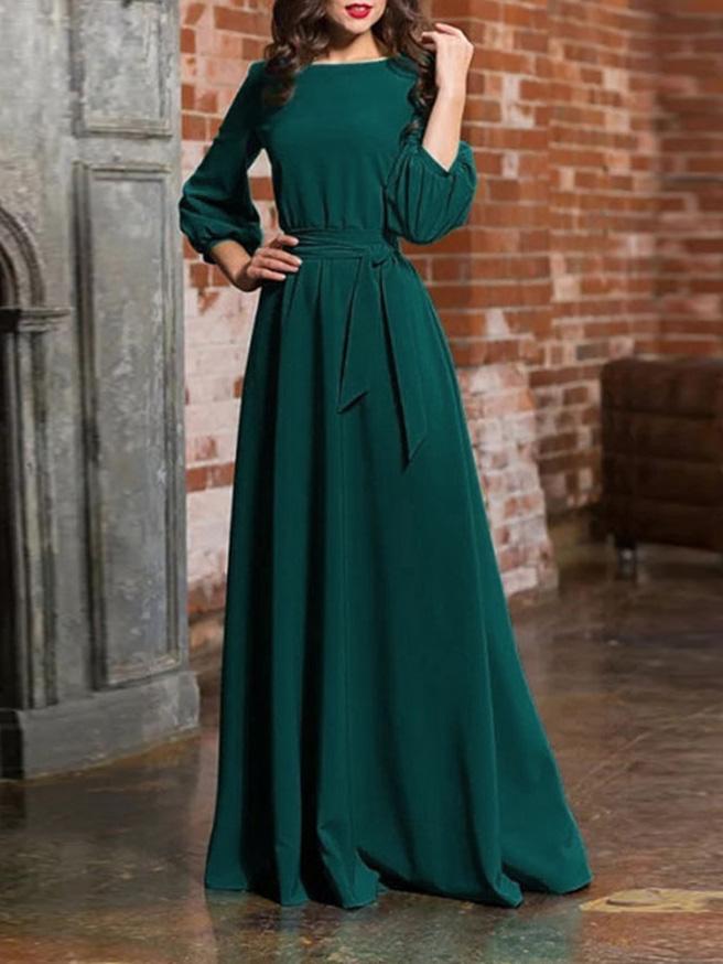 Dresses Pure Round Neck Belted Lantern Long Sleeve Dress - LuckyFash™