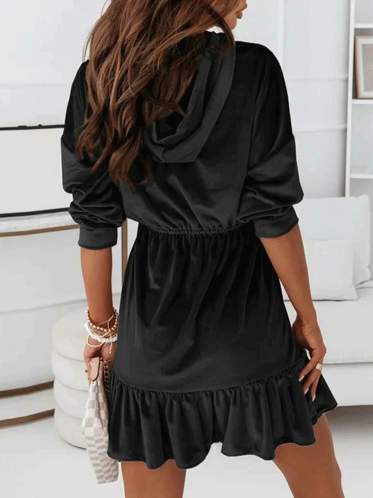 Dresses Pure Velvet Hooded Long Sleeve Dress - LuckyFash™