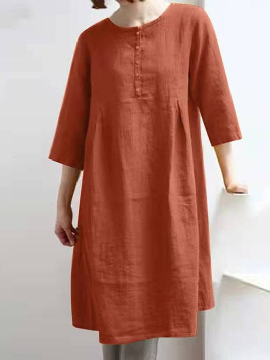 Dresses Retro Cotton Linen Solid Pleated Half Sleeve Mini Dress - LuckyFash™