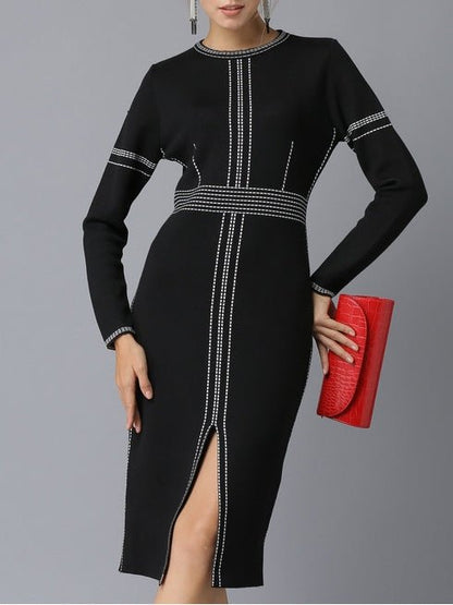 Dresses Round Neck Long Sleeve Slim Fit Slit Dress - LuckyFash™