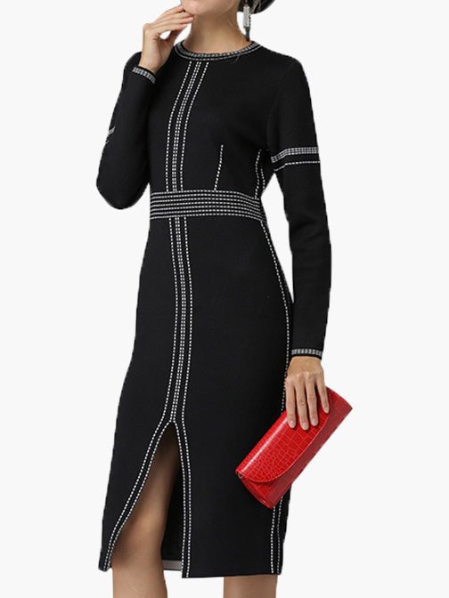 Dresses Round Neck Long Sleeve Slim Fit Slit Dress - LuckyFash™