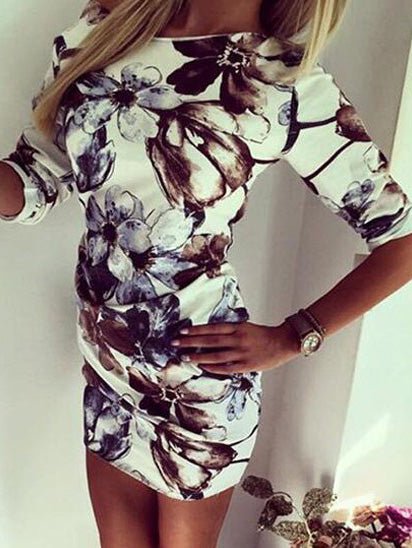 Dresses Round Neck Mid-Sleeve Printed Dress - LuckyFash™