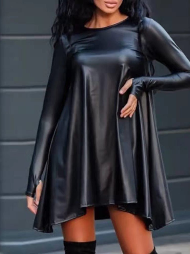 Dresses Round Neck PU Leather Long Sleeve Dress - LuckyFash™