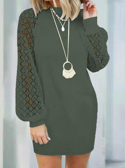 Dresses Round Neck Stitching Lace Long Sleeve Dress - LuckyFash™