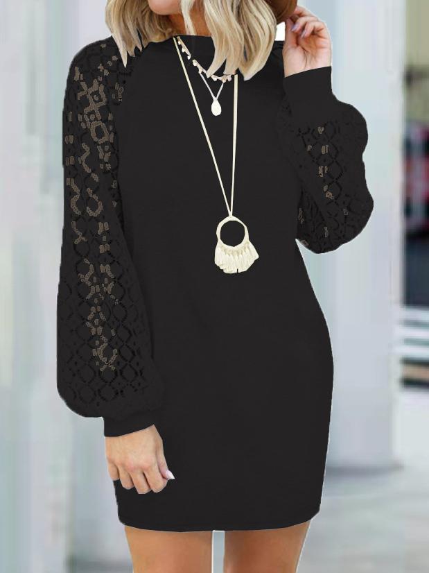 Dresses Round Neck Stitching Lace Long Sleeve Dress - LuckyFash™