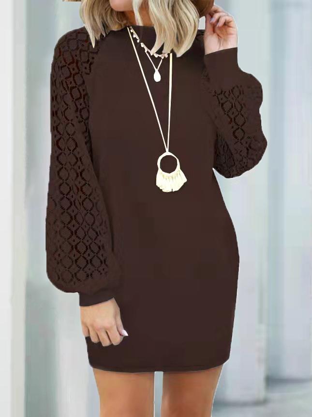 Dresses Round Neck Stitching Lace Long Sleeve Dress - LuckyFash™