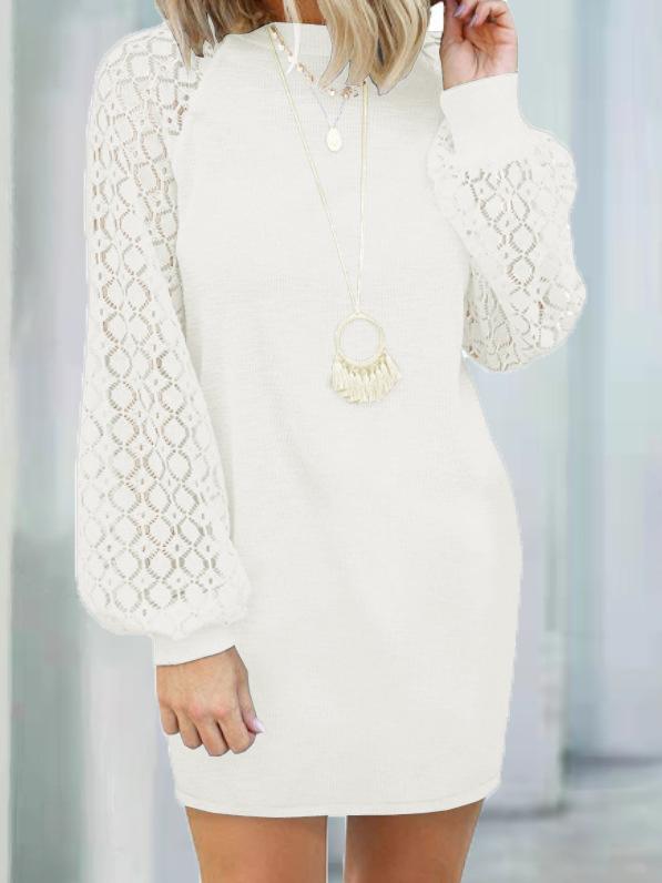 Dresses Round Neck Stitching Lace Long Sleeve Dress - LuckyFash™