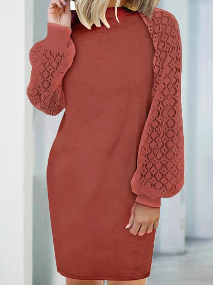 Dresses Round Neck Stitching Lace Long Sleeve Dress - LuckyFash™