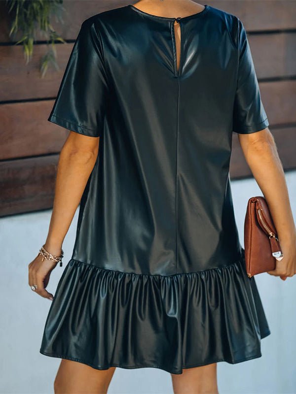 Dresses Ruffled Faux Leather Short Sleeve Mini Dress - LuckyFash™