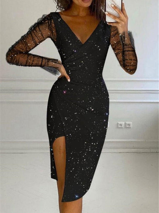 Dresses Sequin V-Neck Mesh Long Sleeve Dress - LuckyFash™