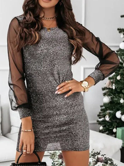 Dresses Shiny Slim Mesh Long Sleeve Dress - LuckyFash™