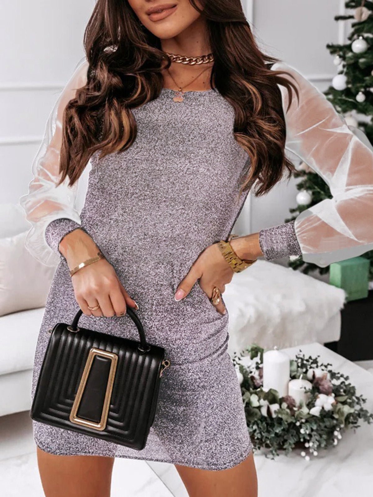 Dresses Shiny Slim Mesh Long Sleeve Dress - LuckyFash™