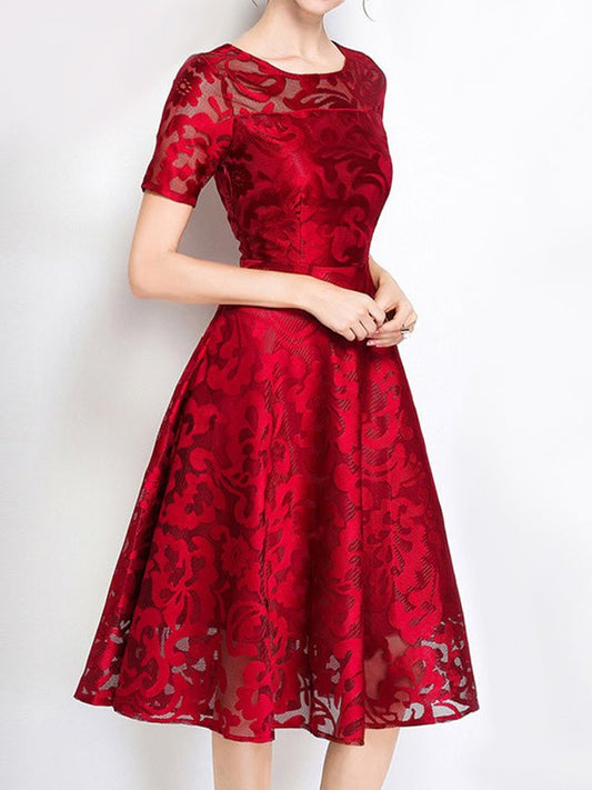Dresses Short Sleeve Slim Fit Lace Swing Midi Dress - LuckyFash™