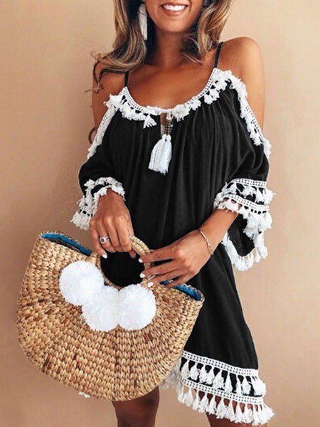 Dresses Sling Fringed Off-Shoulder Dress - LuckyFash™