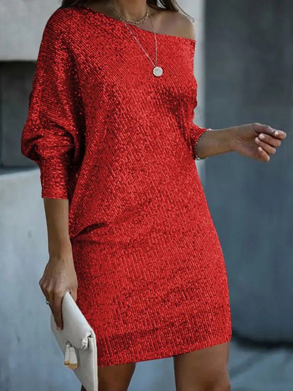 Dresses Sloping Shoulder Sequin Long Sleeve Dress - LuckyFash™