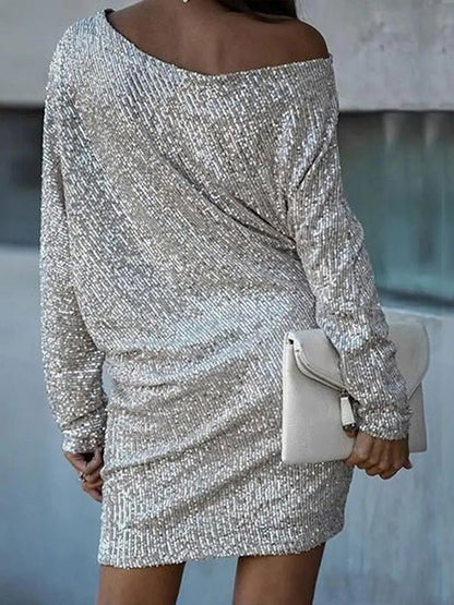 Dresses Sloping Shoulder Sequin Long Sleeve Dress - LuckyFash™