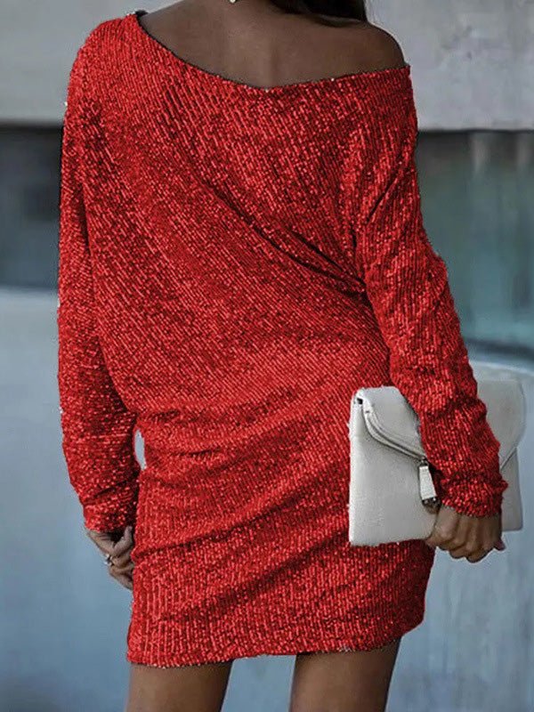 Dresses Sloping Shoulder Sequin Long Sleeve Dress - LuckyFash™