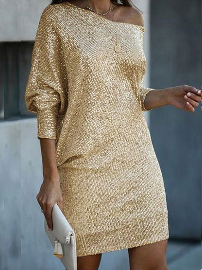 Dresses Sloping Shoulder Sequin Long Sleeve Dress - LuckyFash™