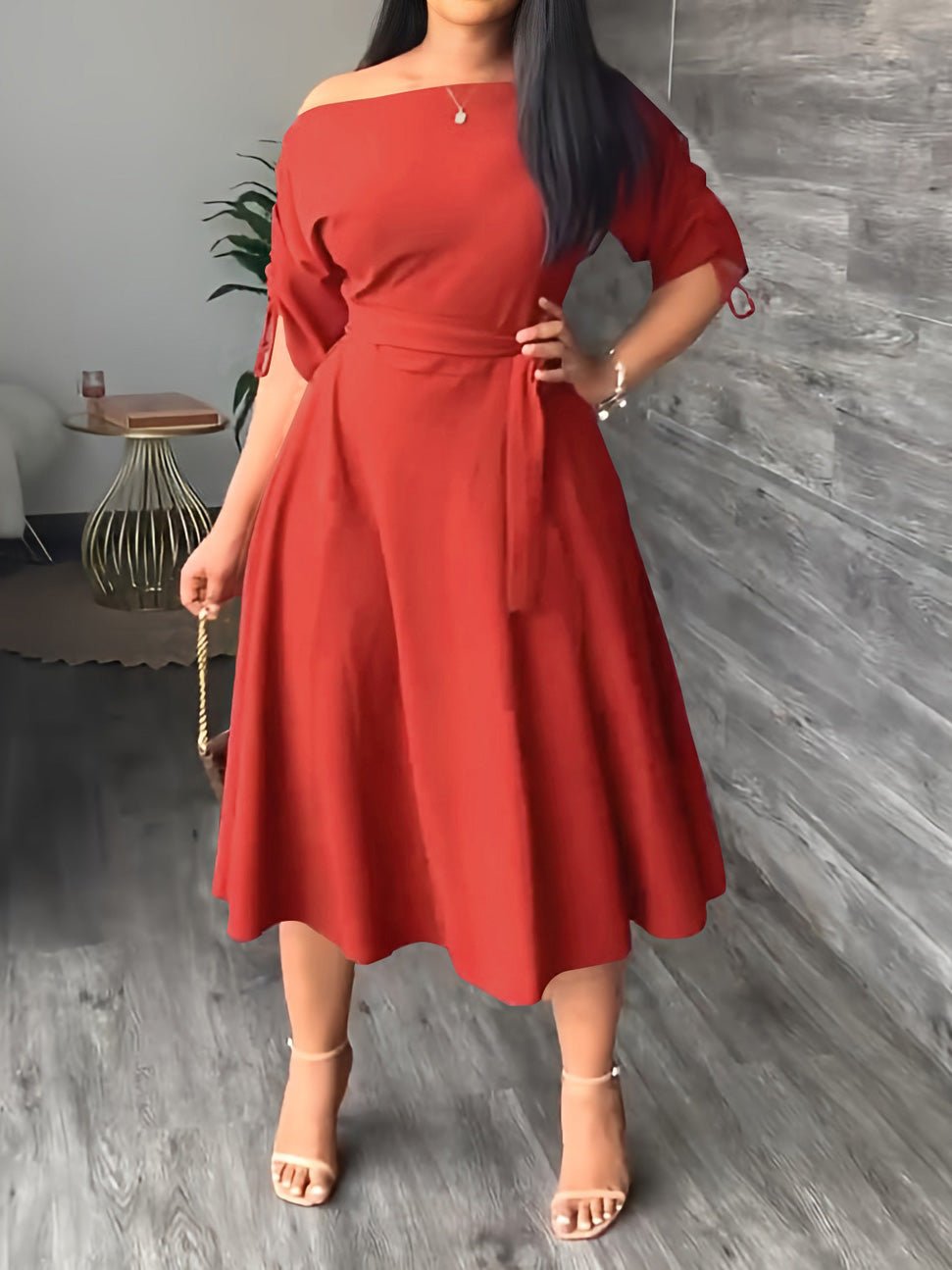 Dresses Sloping Shoulder Tie Mid Sleeve Dress - LuckyFash™