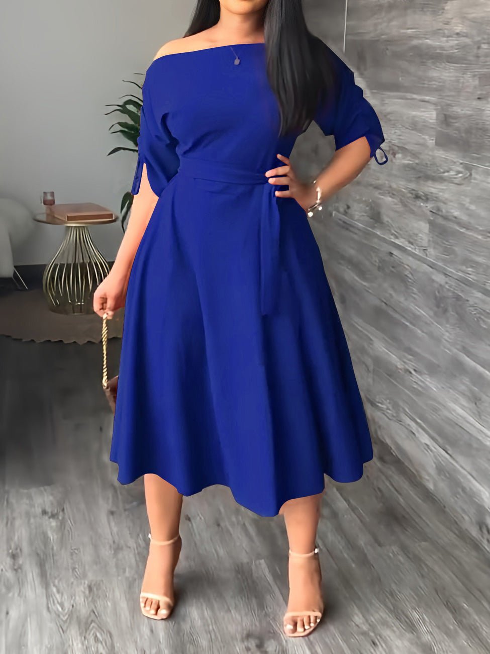 Dresses Sloping Shoulder Tie Mid Sleeve Dress - LuckyFash™