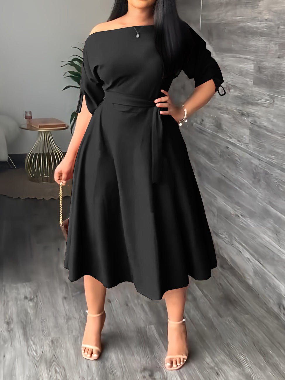 Dresses Sloping Shoulder Tie Mid Sleeve Dress - LuckyFash™