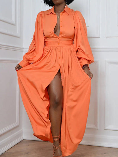 Women's Dresses Solid Button Balloon Sleeve Shirt Dress - LuckyFash™