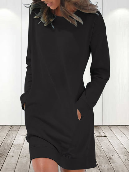 Dresses Solid Crew Neck Long Sleeve Pocket Dress - LuckyFash™