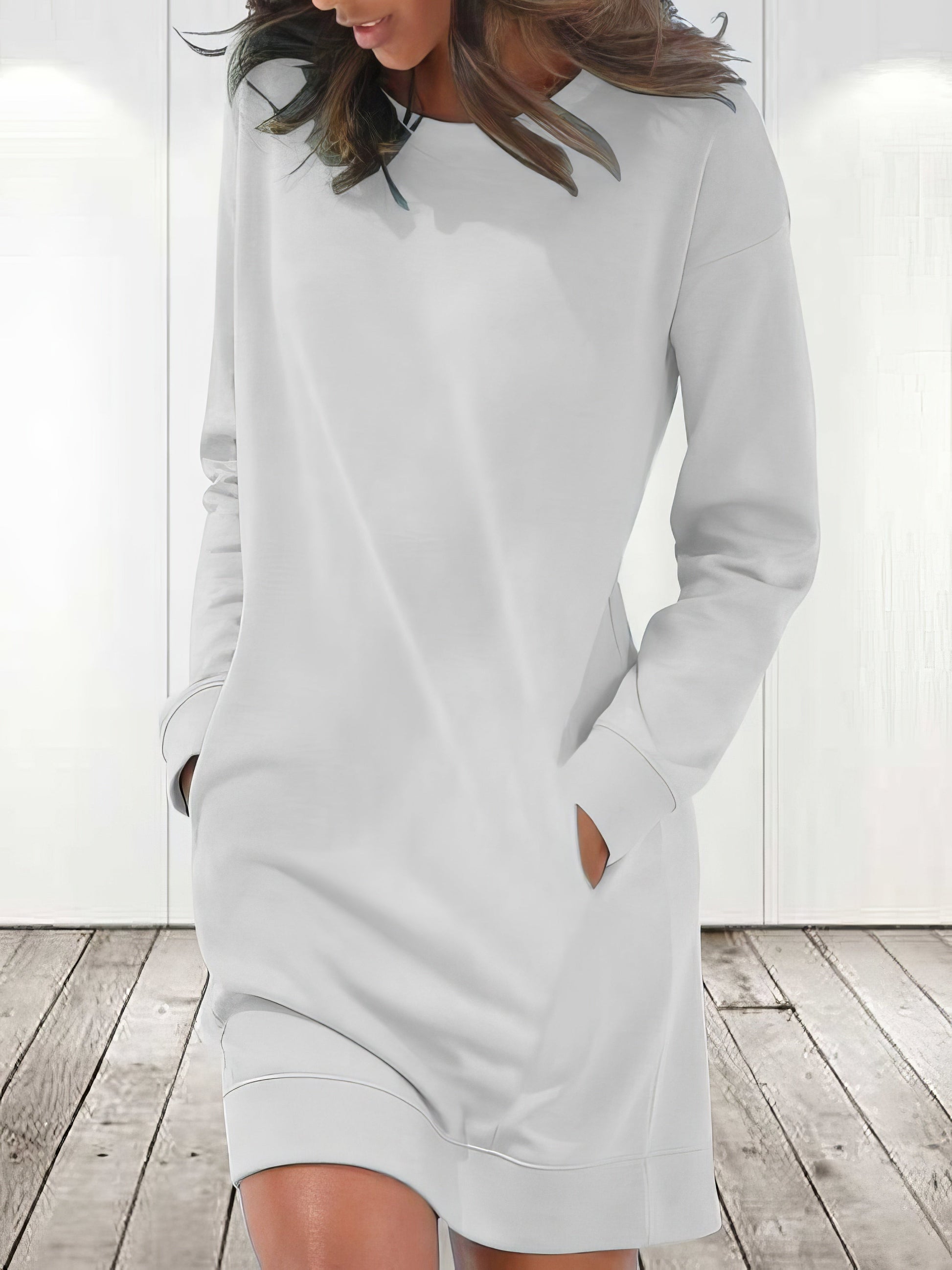 Dresses Solid Crew Neck Long Sleeve Pocket Dress - LuckyFash™