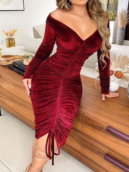 Dresses Solid Gold Velvet Drawstring Long Sleeve Dress - LuckyFash™