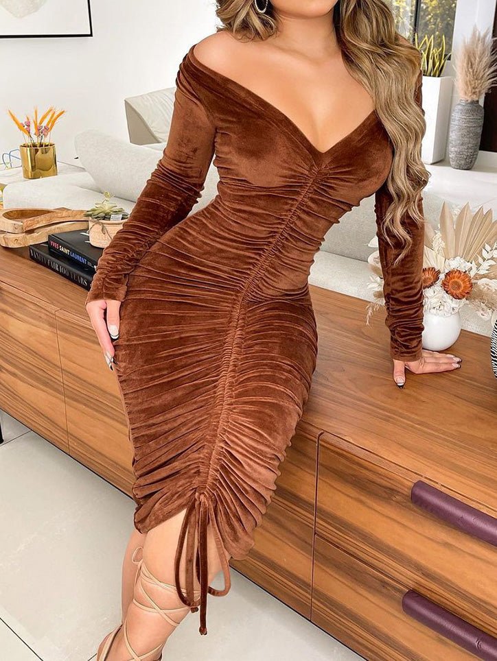 Dresses Solid Gold Velvet Drawstring Long Sleeve Dress - LuckyFash™