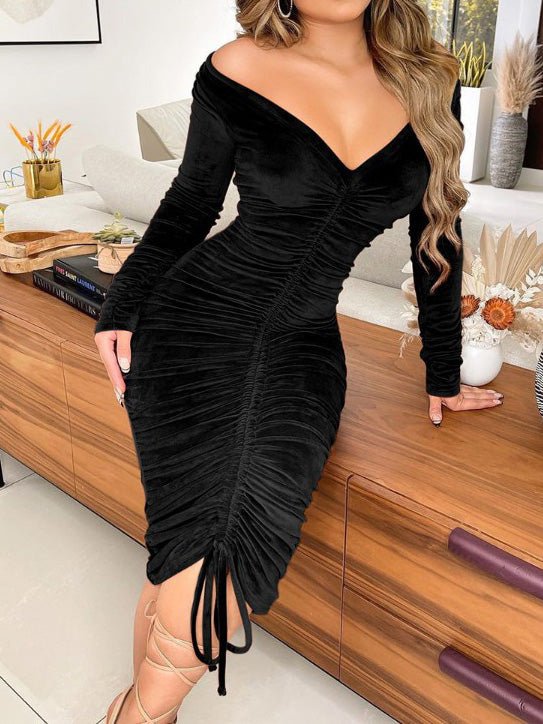 Dresses Solid Gold Velvet Drawstring Long Sleeve Dress - LuckyFash™