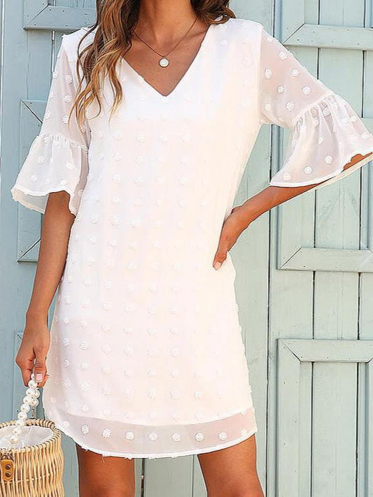 Dresses Solid Jacquard Dots Chiffon Short Sleeve Dress - LuckyFash™