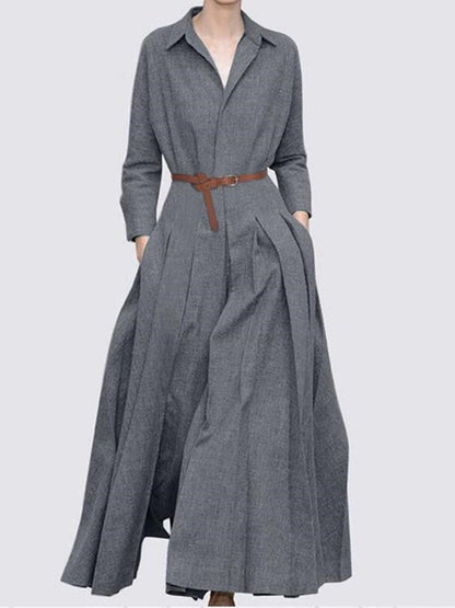 Dresses Solid Lapel Long Sleeve Dress - LuckyFash™