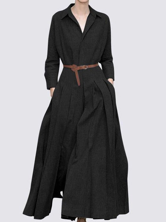 Dresses Solid Lapel Long Sleeve Dress - LuckyFash™