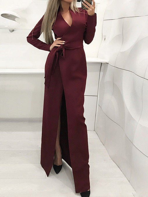 Dresses Solid Long Sleeve Slit Slim Dress - LuckyFash™